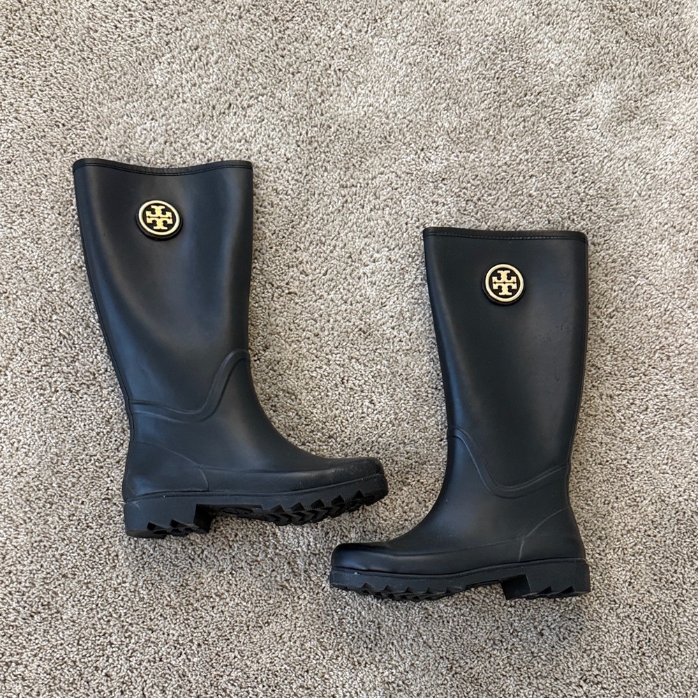 Tory Burch Black Rubber Logo Tall Rain Boots